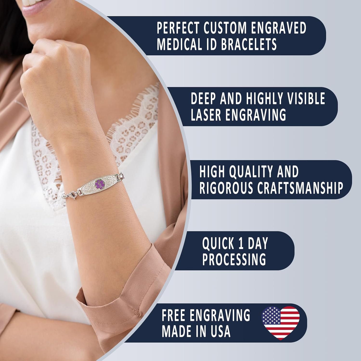 Divoti Olive Stretch Medical Alert Bracelet for Women | Custom Engraved, Filigree Bracelet | 4-Line Personalized Emergency ID | Elegant Rolo Chain with Lobster Claw - Image 3