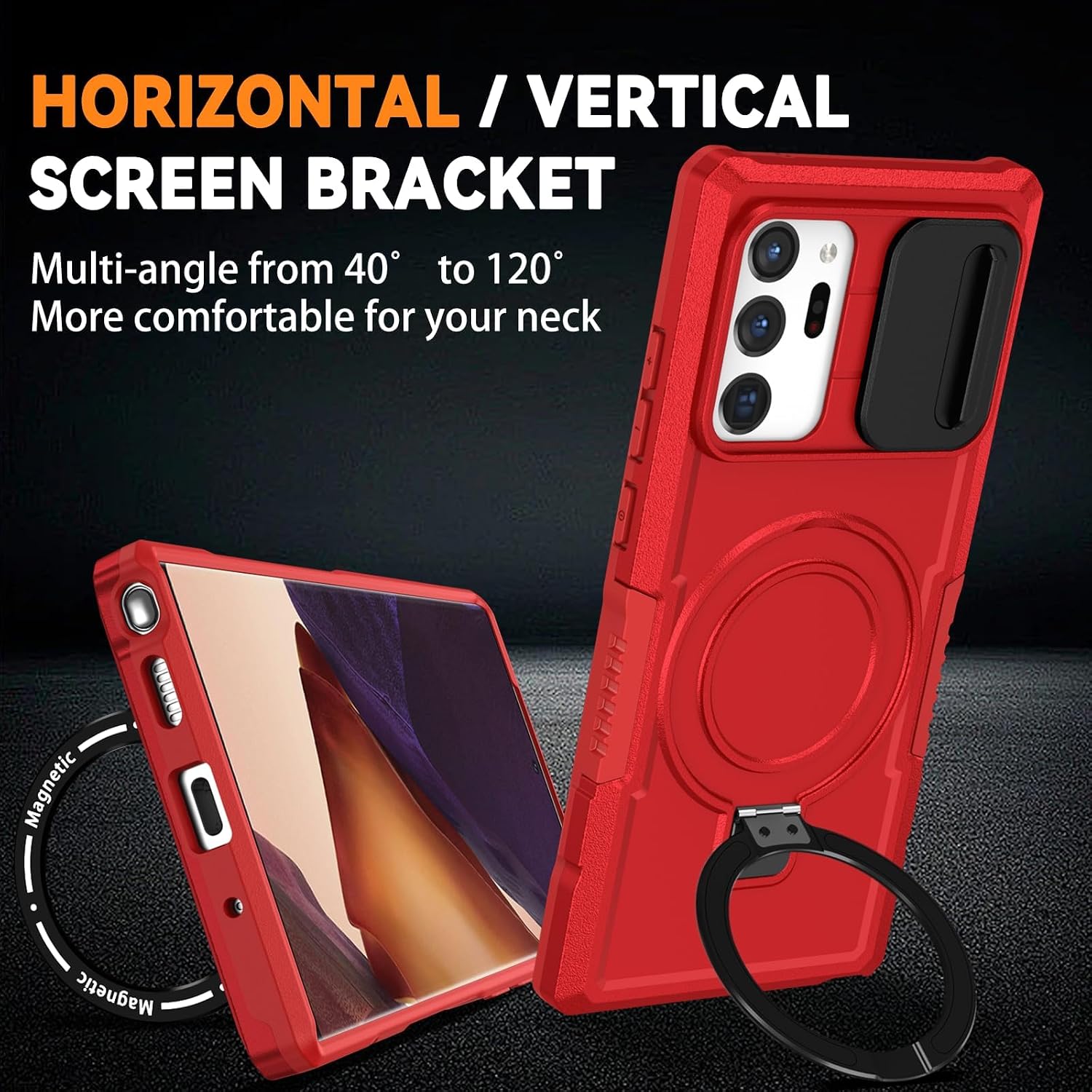 for Samsung Galaxy Note 20 Ultra Magnetic Case with Ring Stand [Compatible with MagSafe] [Screen Protector] Military Grade Heavy Duty Shockproof Case with Slide Camera Cover, Red image 3