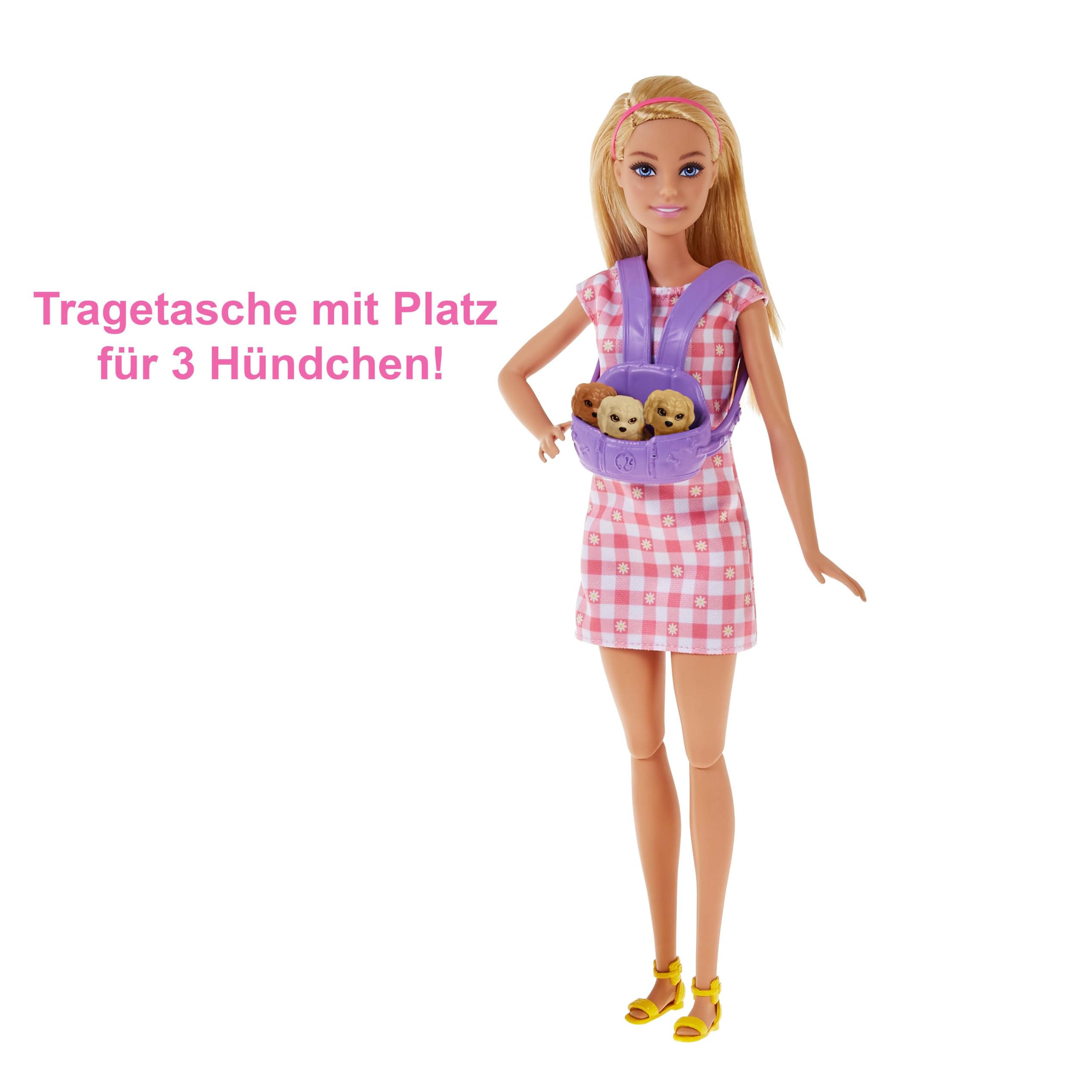 Barbie Newborn Pups Playset, Puppe mit blonden Haaren, inkl. 3 Welpen, 10+ Accessoires, Farbwechseleffekte, inkl. Puppe, Geschenk für Kinder ab 3 Jahren,HCK75
