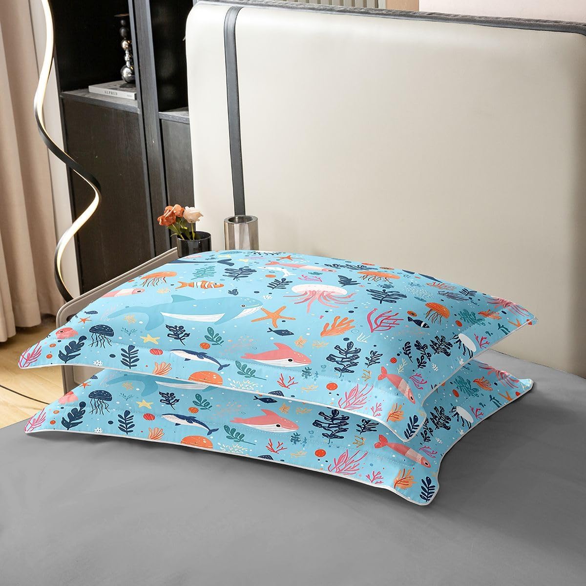 Underwater World 100% Cotton Duvet Cover Twin, Cute Dolphin Shark Comforter Cover for Kids Boys Girls, Colorful Marine Life Bedding Set, Octopus Jellyfish Devil Fish Seahorse Sealife Bed Set, Blue