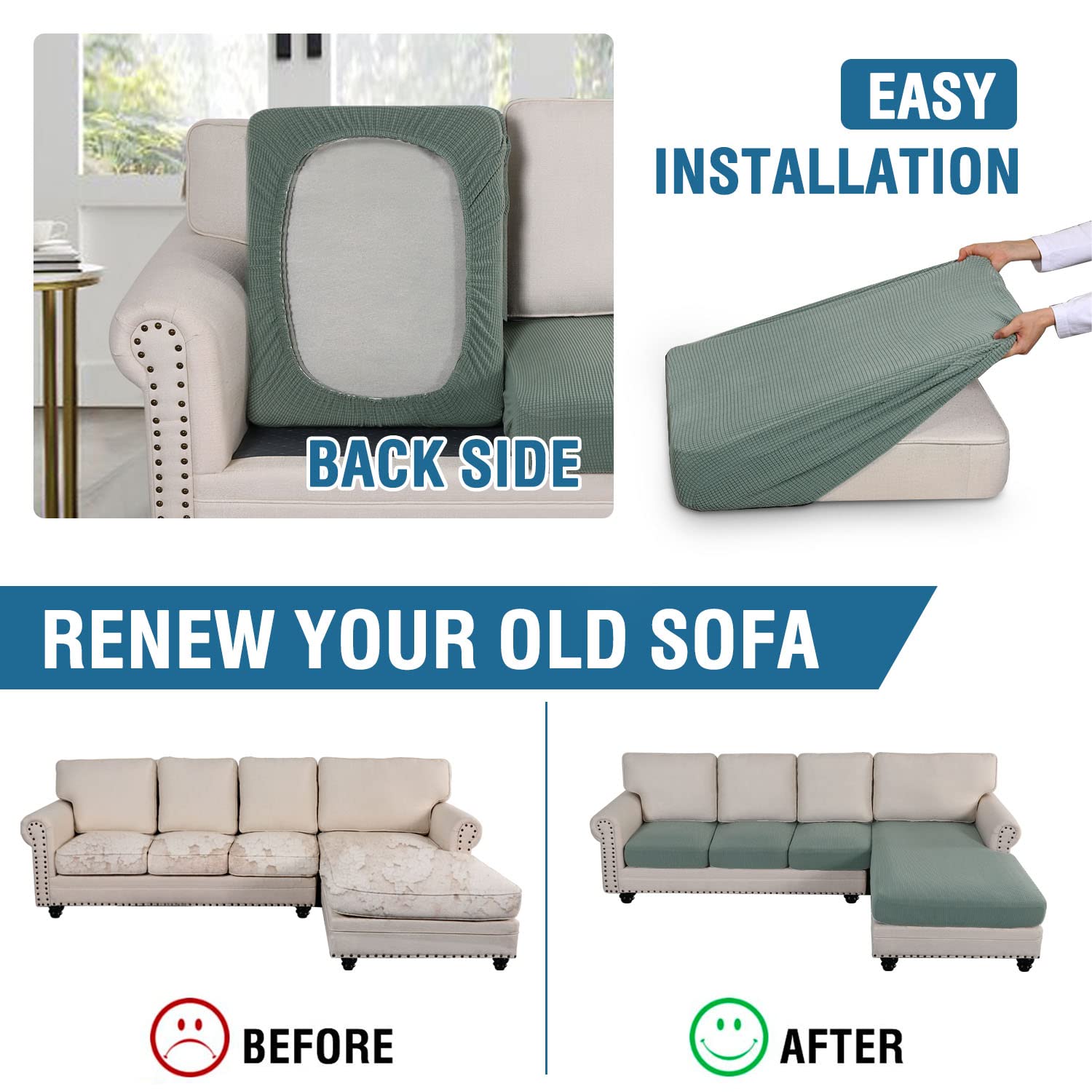 H.VERSAILTEX Sectional Couch Covers 4 Pieces Sofa Seat Cushion Covers L Shape Separate Cushion Couch Chaise Cover for Both Left/Right Sectional Couch (XL Sofa 3 Seater + 1 Chaise, Sage)