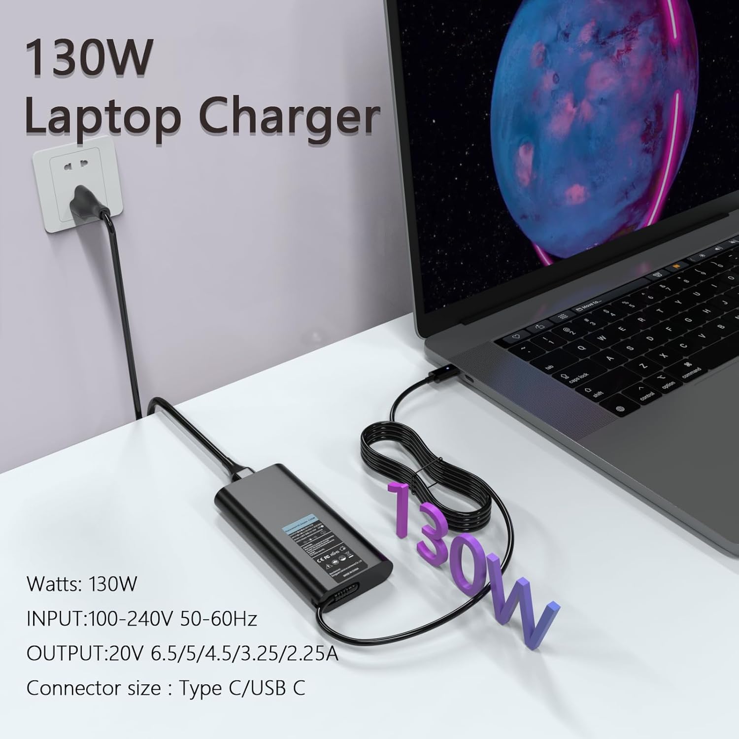 130W 100W USB Type C Laptop Charger Compatible with Dell Precision 3480 3590 3490 3580 3590 3591 Mobile Workstation AI PC 5680 5690 3581 2in1 Computer Power AC Adapter