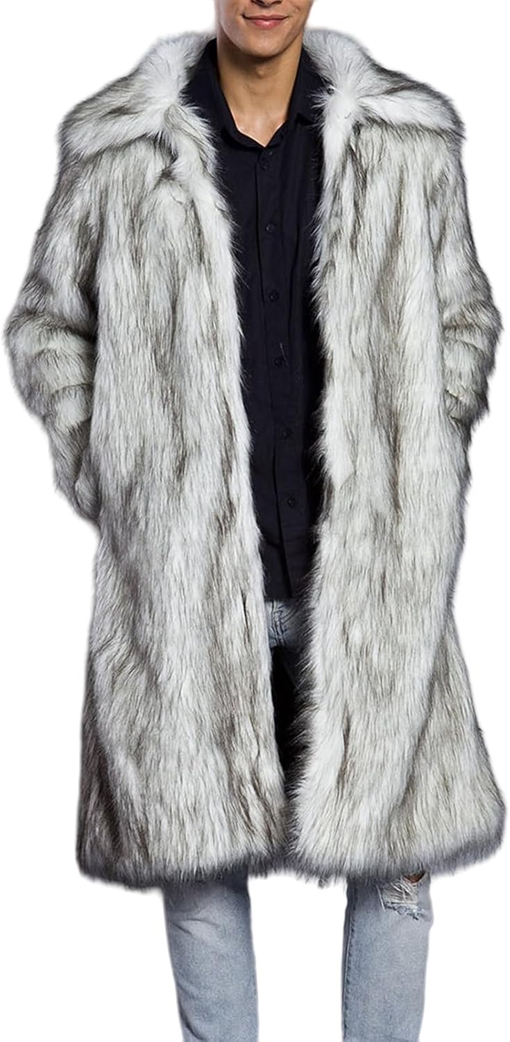 Mens Faux Fur Coat Winter Long Fuzzy Fleece Jacket Warm Thicken Open Front Cardigan Lapel Long Sleeve Parka Overcoats