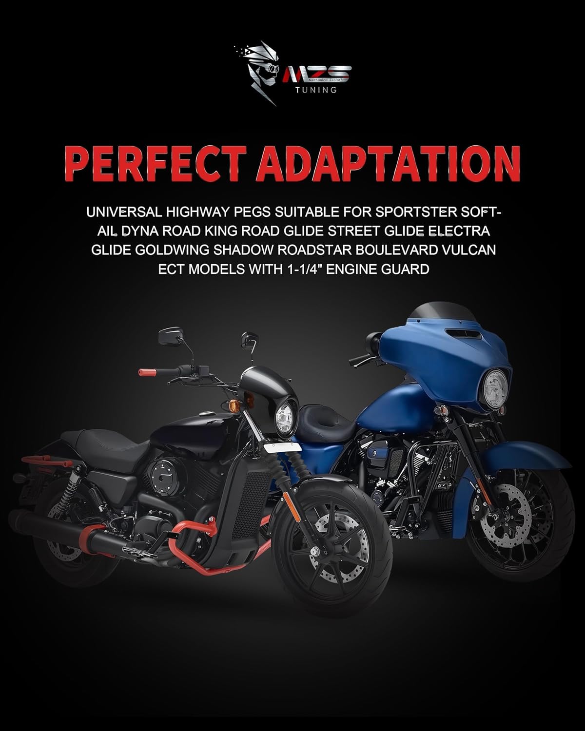 MZS Motorcycle Highway Pegs, 1.25" Adjustable CNC Highway Foot Pegs Mount Long Angled Compatible with Road King Sportster Softail Street Electra Glide Dyna Vulcan Rebel Chief for 1 1/4 Engine Guard