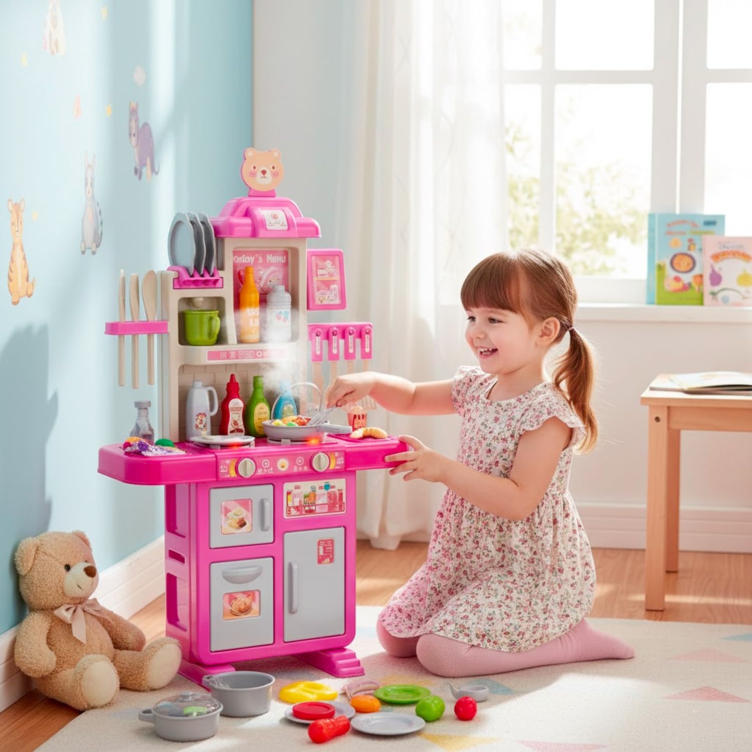 Cucina Giocattolo Per Bambini Con Luci E Suoni Realistici 69 Accessori Rubinetto Con Sistema Di Riciclo Dell'Acqua E Fornelli Per Bambini Dai 3-5 Anni Set Cucina (Rosa)