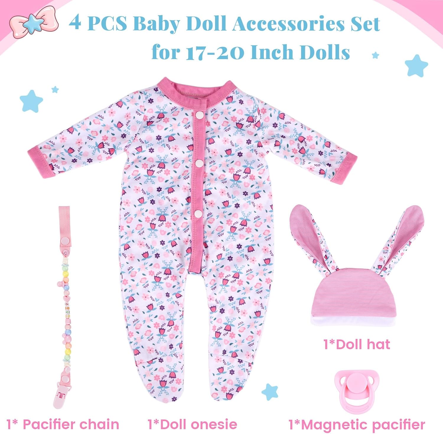 BABESIDE 4 Pcs Reborn Baby Doll Accessories and Clothes for 17-20 Inch Baby Dolls, Pink Floral Doll's Clothes Set with Hat, Pacifier and Chain for Dolls Girls Boys (Doll not Included)