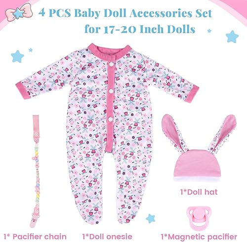 Miniatura 5 de BABESIDE 4 piezas de accesorios de muñeca Reborn y ropa de muñeca para muñecas de 17 a 20 pulgadas, juego de ropa de muñeca floral rosa con