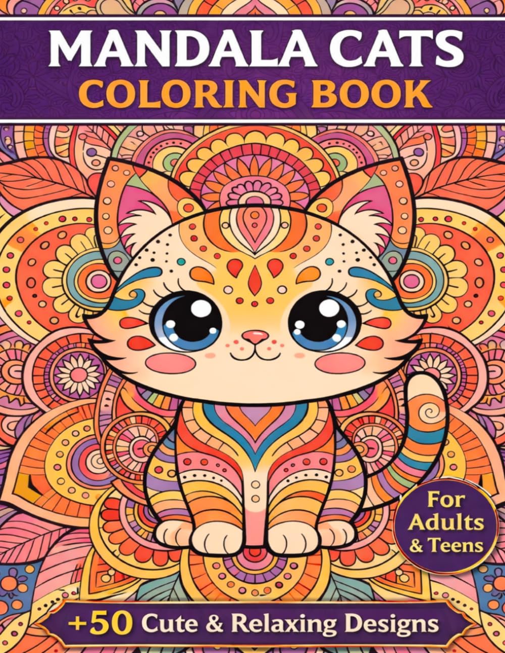 Mandala Cats Coloring Book for Adults and Teens: 50+ Cute and Relaxing Cat Designs for Stress Relief, Mindfulness and Creativity