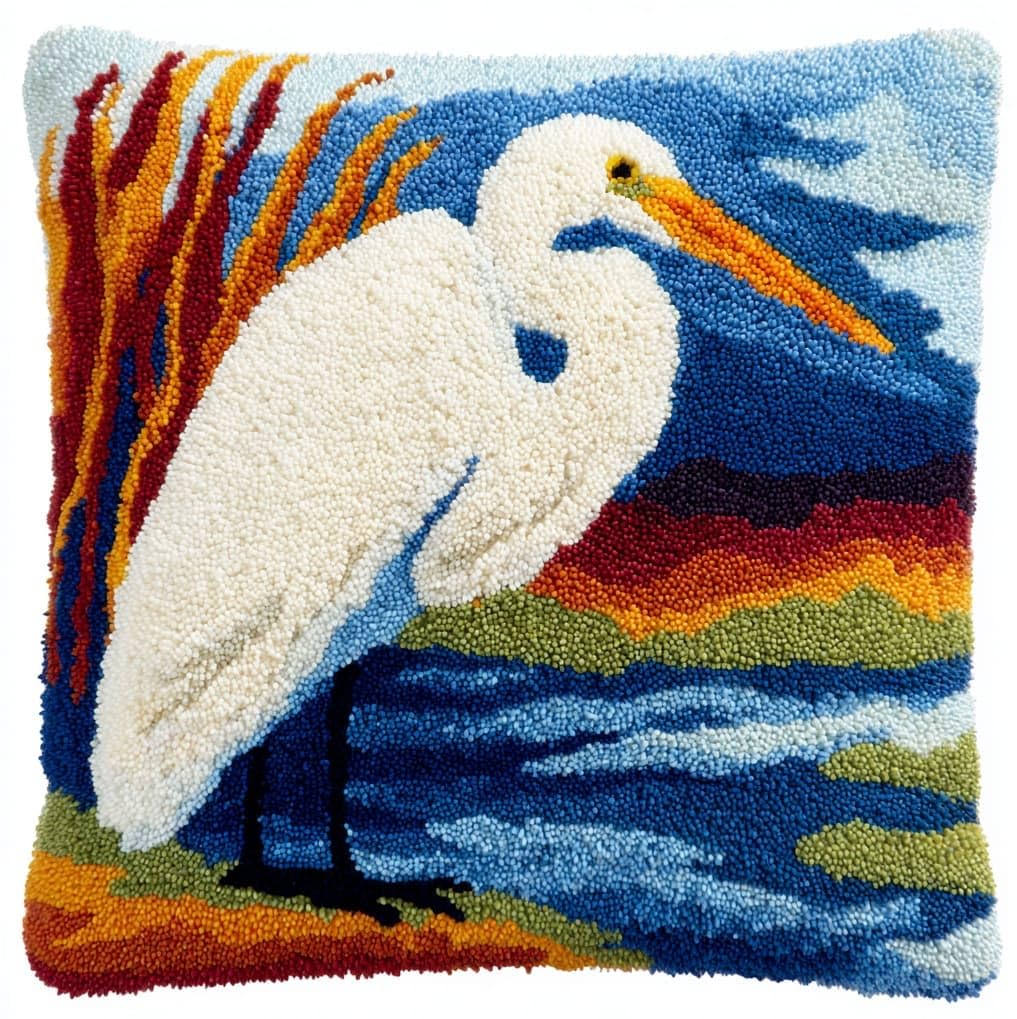 AxiangziK Latch Hook Kits for Adults,Animal egret Latch Hook Pillow Kits,17x17in Crochet Yarn Kit for Beginners,DIY Needlework Crafts Cover Case with Printed Canvas