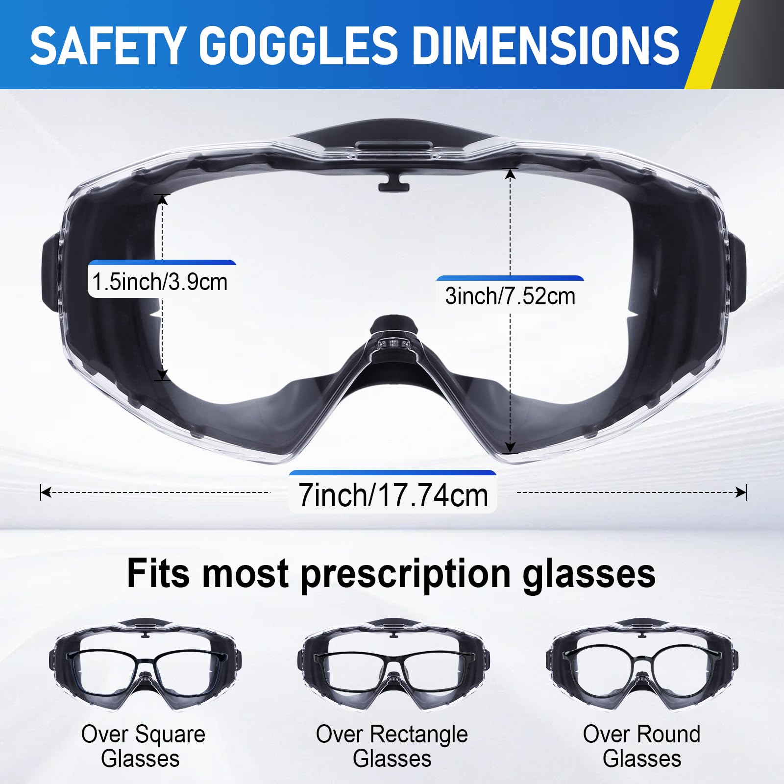 TICONN Anti-Beschlag-Schutzbrille, verstellbare Schutzbrille über Brille, ANSI Z87.1 UV385 Augenschutzbrille für Erwachsene