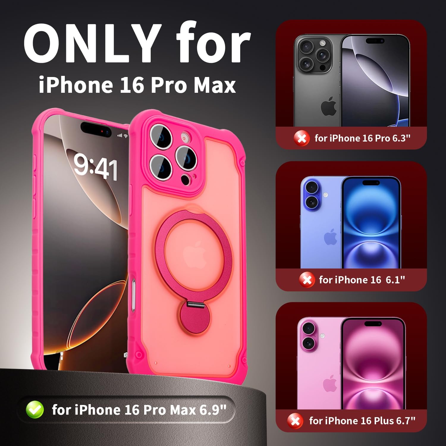 Magnetic for iPhone 16 Pro Max Case with Invisible Stand, [Military-Grade Drop Protection] [Full Camera Protection] Slim Translucent Matte Back Shockproof Case for iPhone 16 Pro Max, 6.9" (Hot Pink)