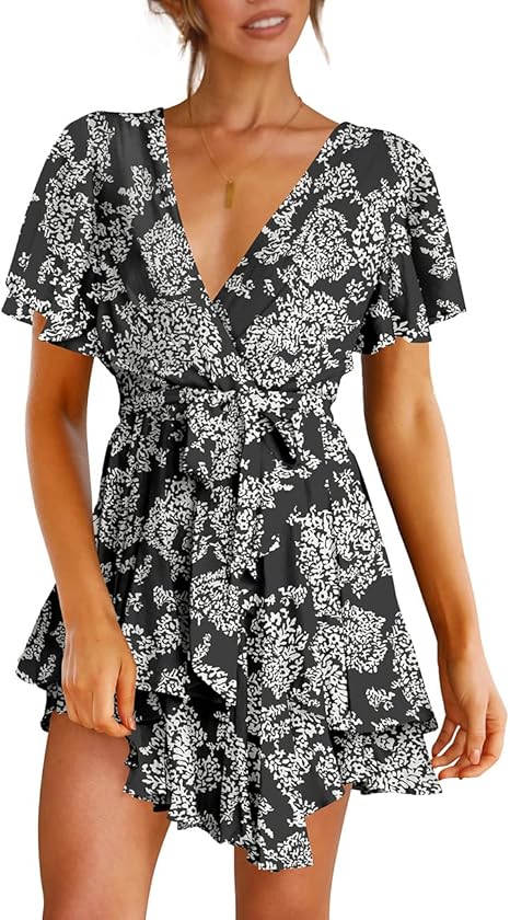 Cosonsen Women's Dress Deep V-Neck Long Sleeve Waist Tie Ruffle Mini Swing Skater Dresses