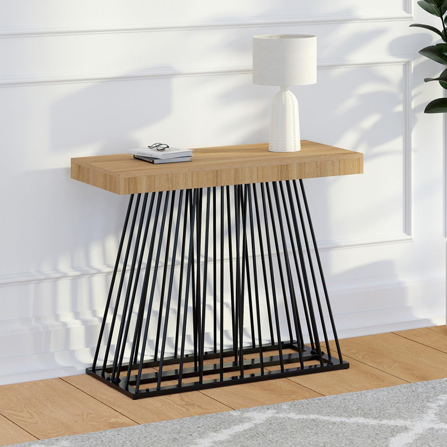 IDMarket - Consolle allungabile YUNA, 10 posti, 235 cm, con piano in legno e gamba in filo metallico nero