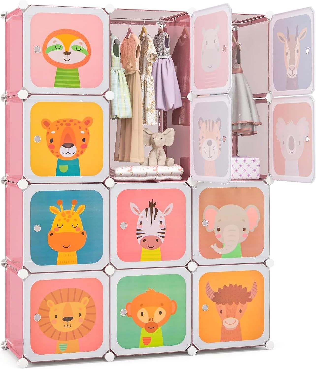 Organizador de almacenamiento de armario para niños, cómoda portátil con 12 cubos y 2 secciones para colgar para dormitorio de niños o guardería, bonito diseño con puertas