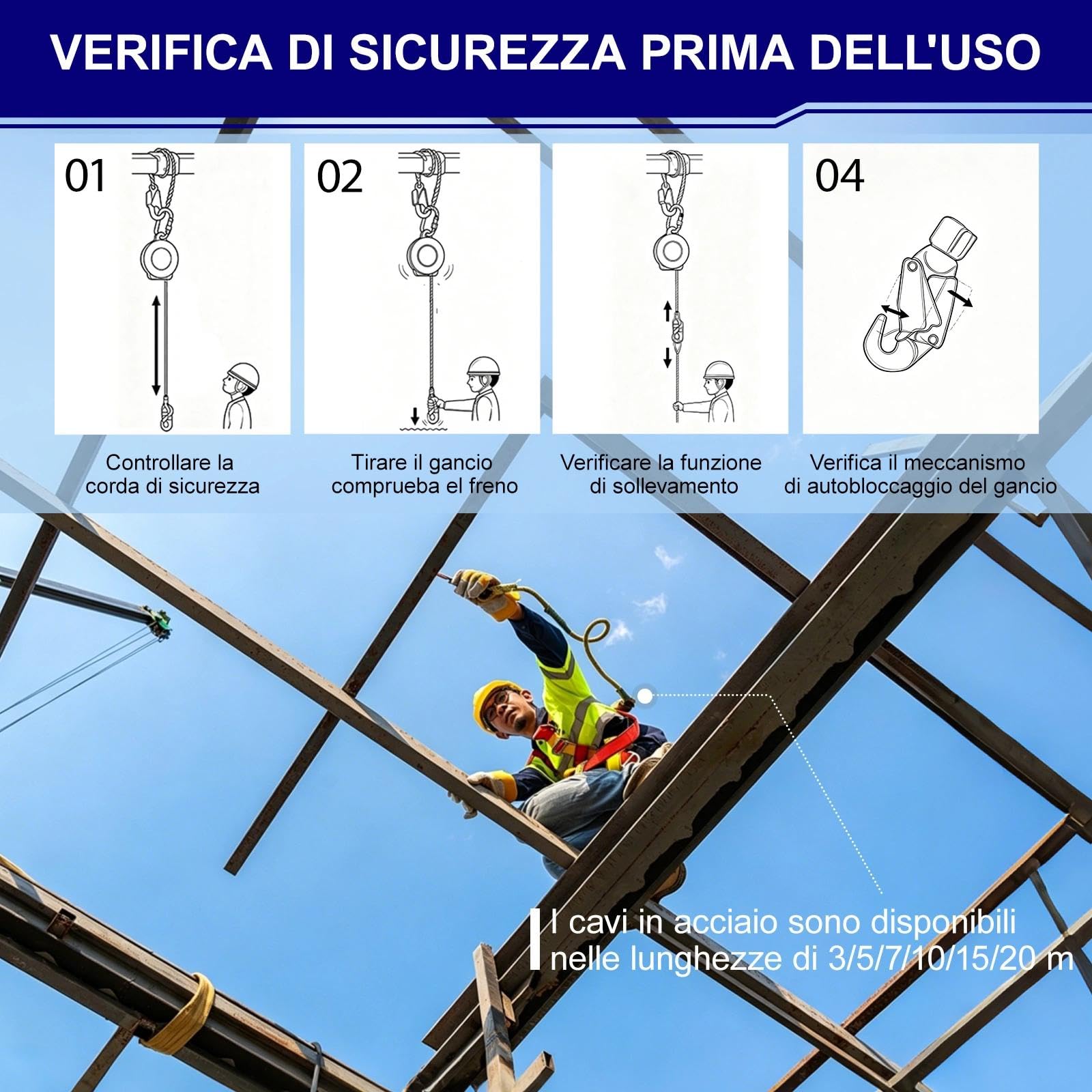 Dispositivo Anticaduta Retrattile 3-20M, Imbracatura di Sicurezza Anticaduta per Lavori in Quota, Funzione di Richiamo Automatico con Gancio Autobloccante per Tetto Edilizia(Verde,10m)
