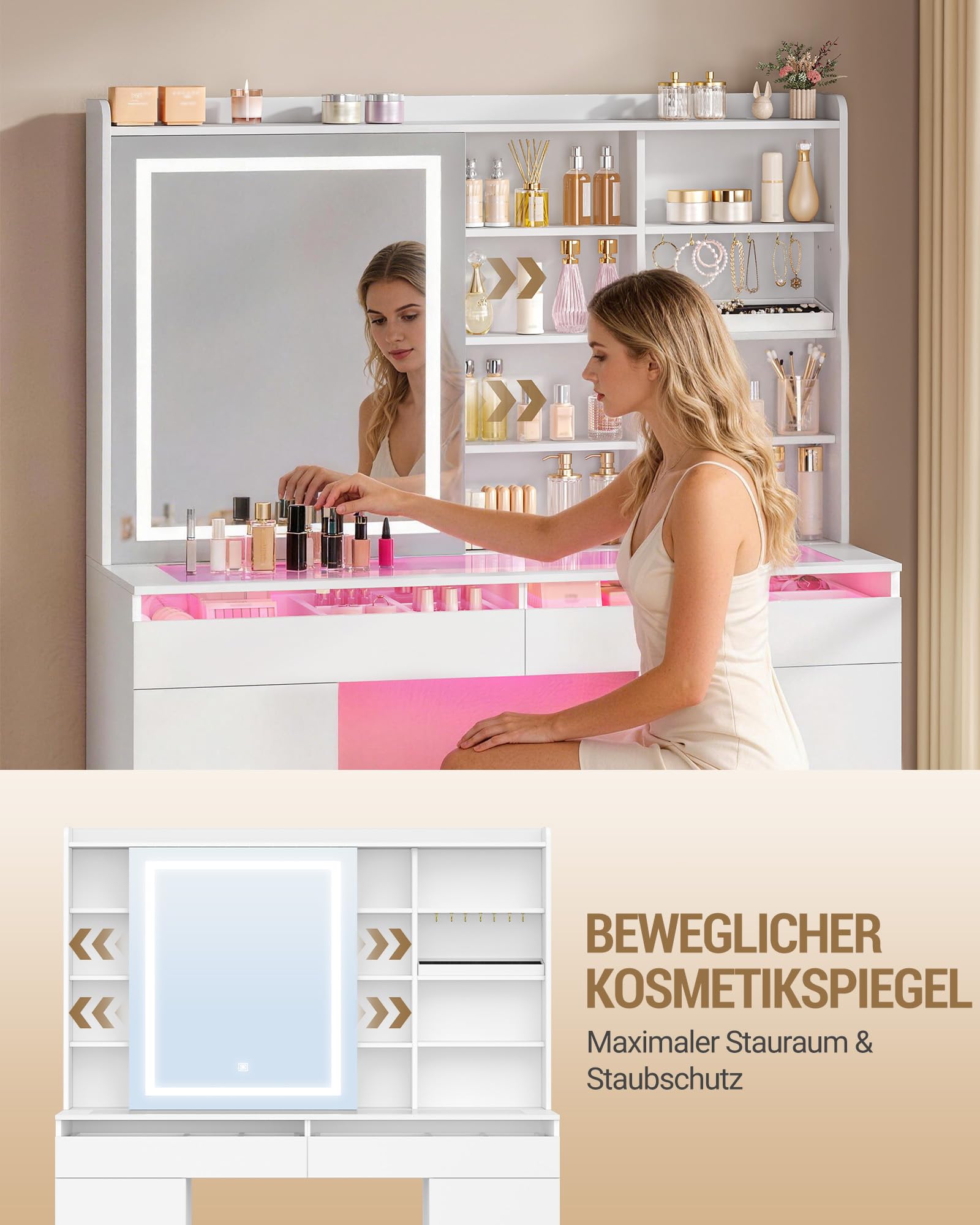 Hzuaneri Große Schminktisch, Schminktisch mit Verstellbaren RGB-Beleuchtung und Glasplatte, Schminktische mit Große Spiegel, 8 Schubladen und 9 Offenen Fächern, Schlafzimmer, Weiß, 1180203XEU