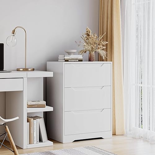 Miniatura 4 de HOSTACK Cómoda moderna de 3 cajones, cómoda de madera con almacenamiento, mesita de noche alta con asas recortadas, mesa auxiliar lateral, armario