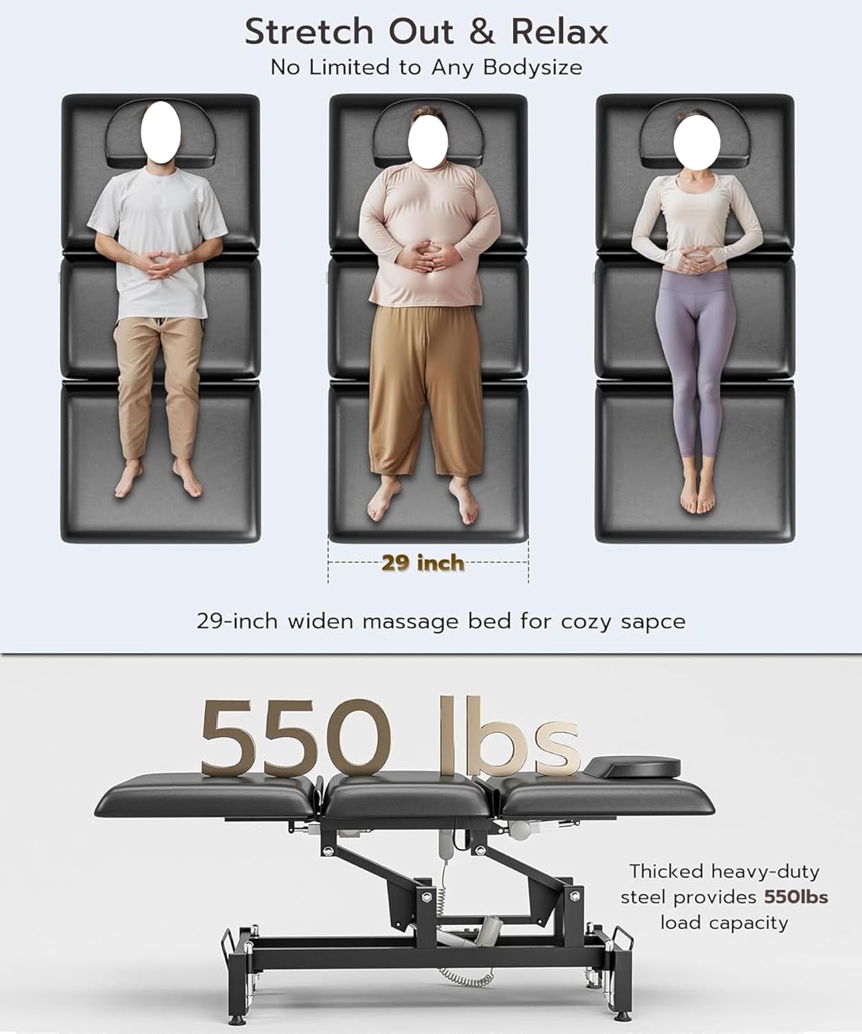 Icoget Fully Electrical Massage Table Bed with Wheels, 3-Section Adjustable Medical Treatment Table for Clients, Esthetician Facial Beauty Physiacl Therapy Bed for Spa, Exam, Black