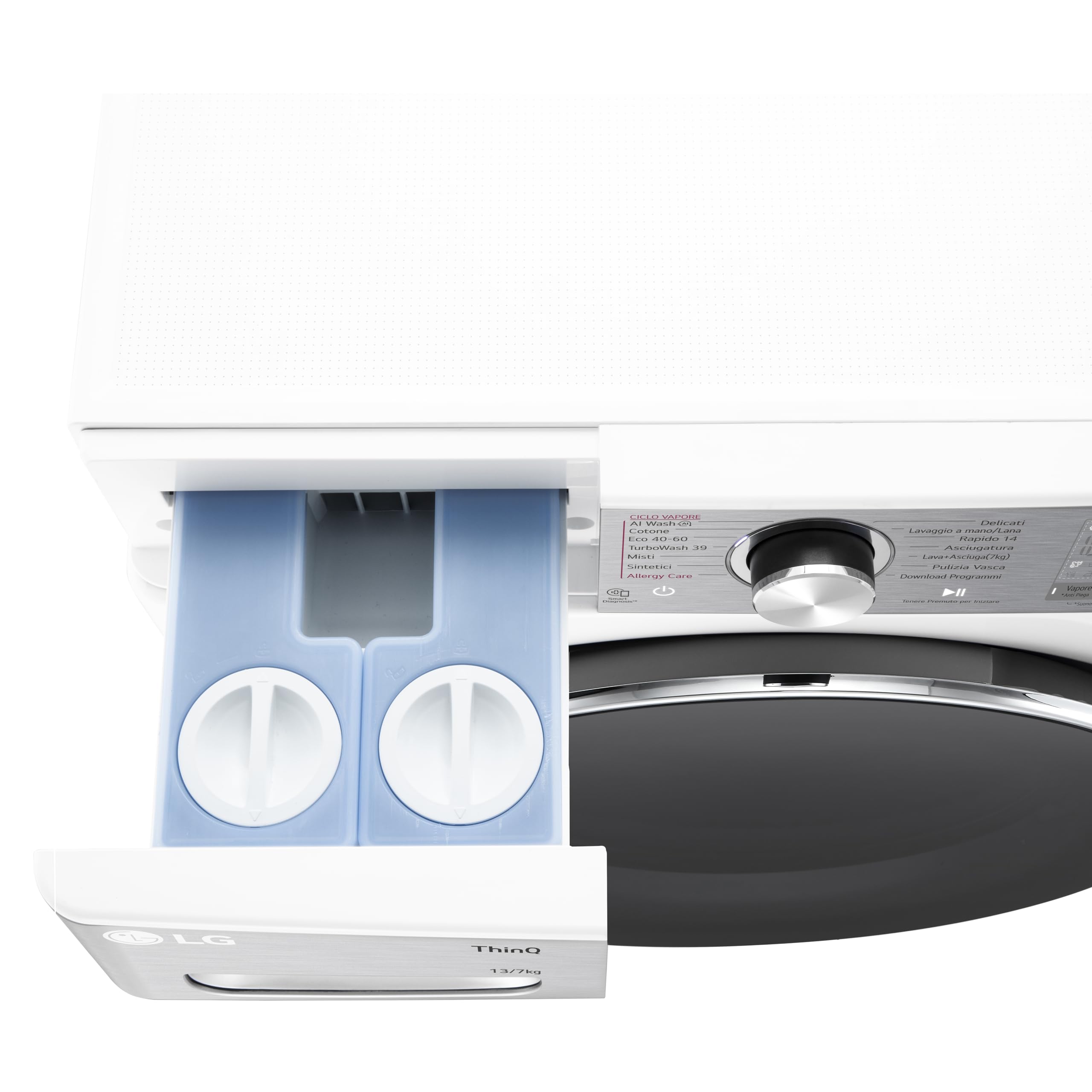 LG AI DD D4R9513TPWC Lavasciuga 13/7kg, Serie R9, Classe D, Lavatrice Asciugatrice, 1400 Giri, TurboWash 360, Vapore Steam+ e Antipiega, Autodosaggio, Wi-Fi, Bianca