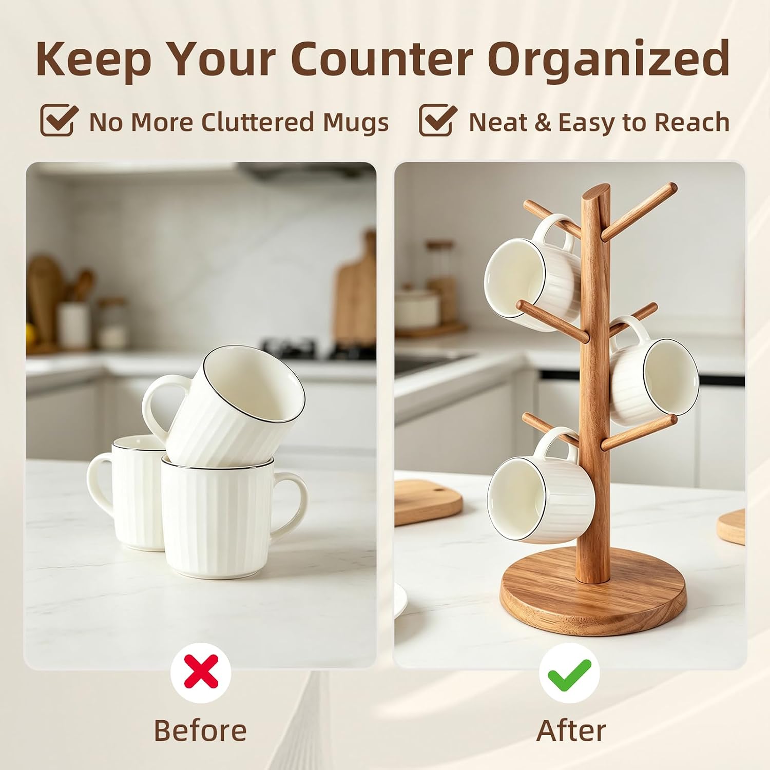 Large Acacia Wood Mug Holder Tree for Countertop, 6-Hook Coffee Mug Rack for Large & Tall Mugs, Wooden Coffee Cup Stand for Kitchen Counter & Coffee Bar, Natural Wood, Easy Assembly