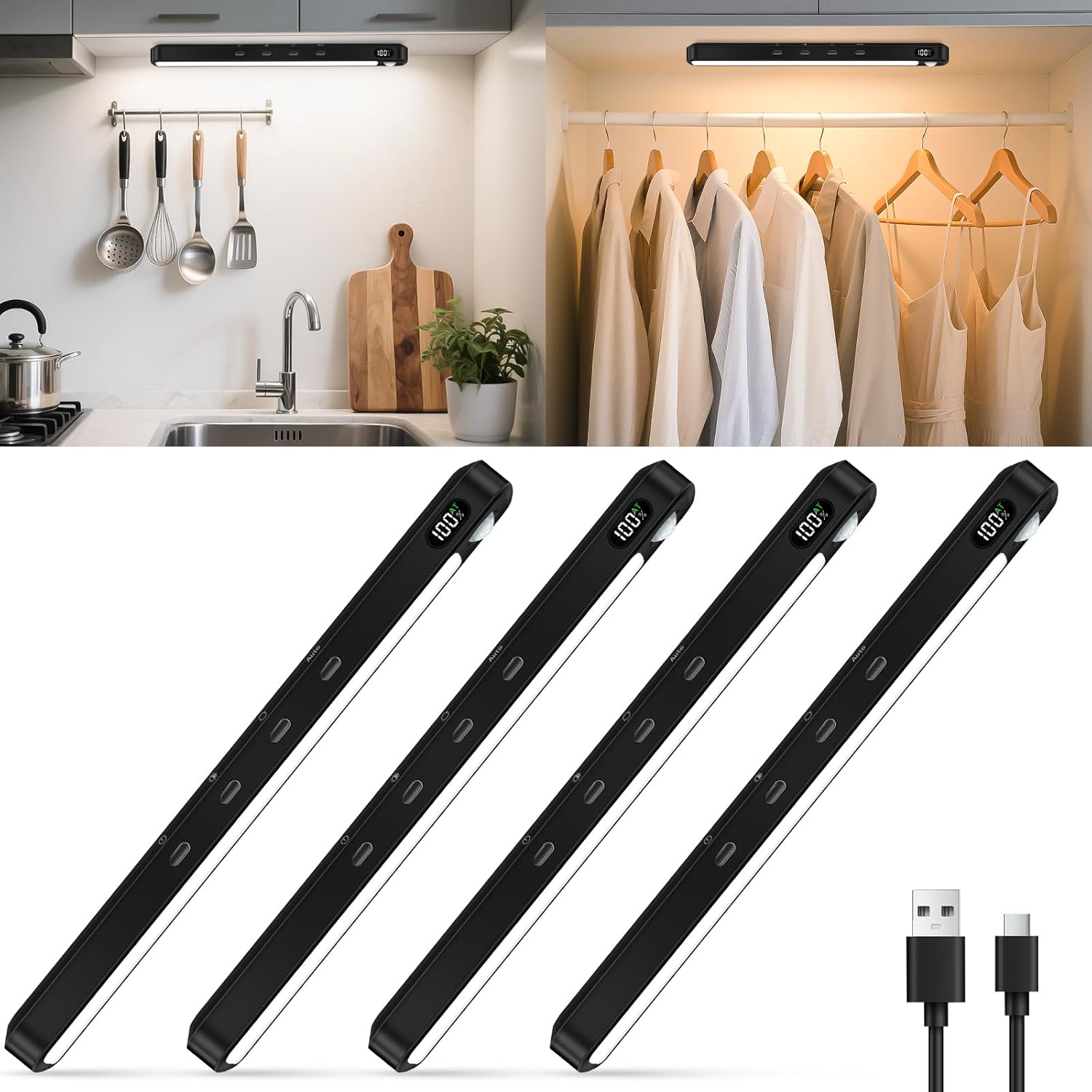 WILLED Under Cabinet & Closet Lights, Motion Sensor, Rechargeable, Magnetic, 3 Color Temps, Dimmable LED Light Bar for Indoor Kitchen Counter (4 Pack, Black)