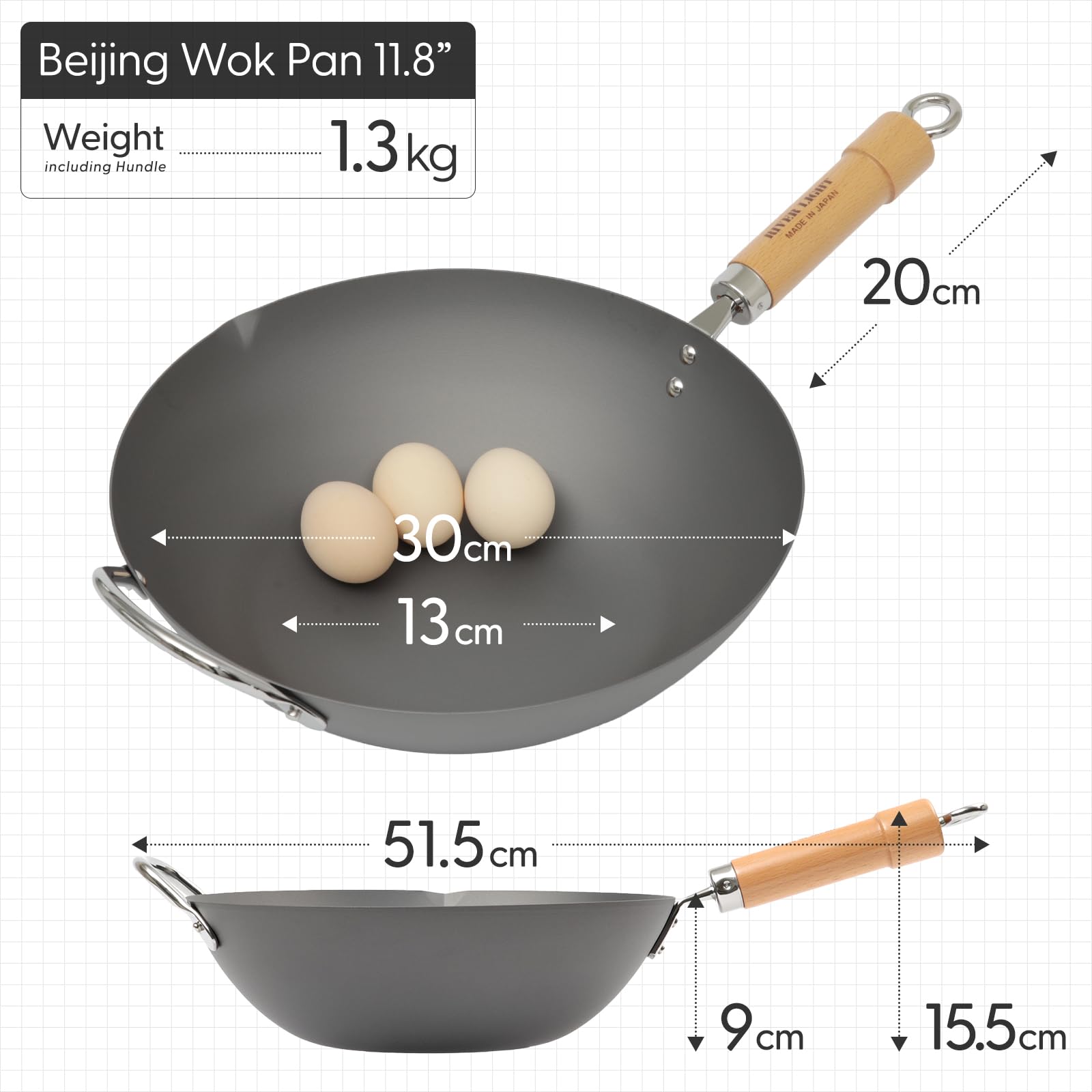 KIWAME - Wok di alta qualità, 30 cm, nero, manico in legno, antiaderente, 3,2 quarti, compatibile con piano cottura elettrico