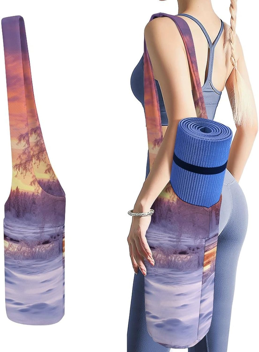 Winter Landscape Yoga Mat Bag Yoga Backpack Multi Pocket Exercise Yoga Mat Carrier Multi-Functional Storage Bag for Pilates Beach Travel And Everyday Use