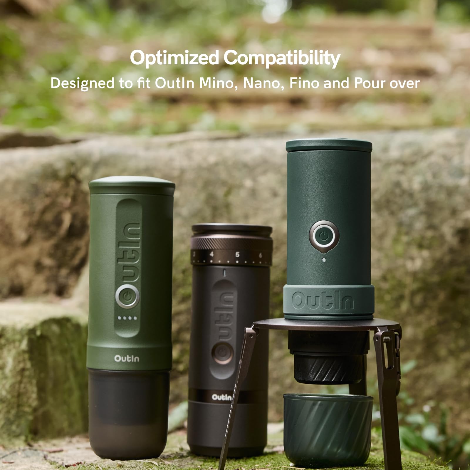OutIn supporto da Caffè Pieghevole e Ultra-Portatile con Moschettone, Stabile per Macchine da Caffè Espresso, Design Monoblocco in Alluminio, Compatibile Mino e Nano