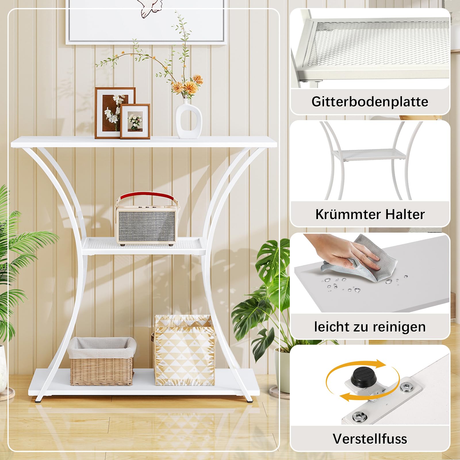 HDANI Tavolo consolle in metallo a 3 livelli con griglia media, tavolino sottile con telaio stabile, tavolo d'ingresso stretto e divano per corridoio, soggiorno, ingresso, bianco (80 x 30 x 78,5 cm)