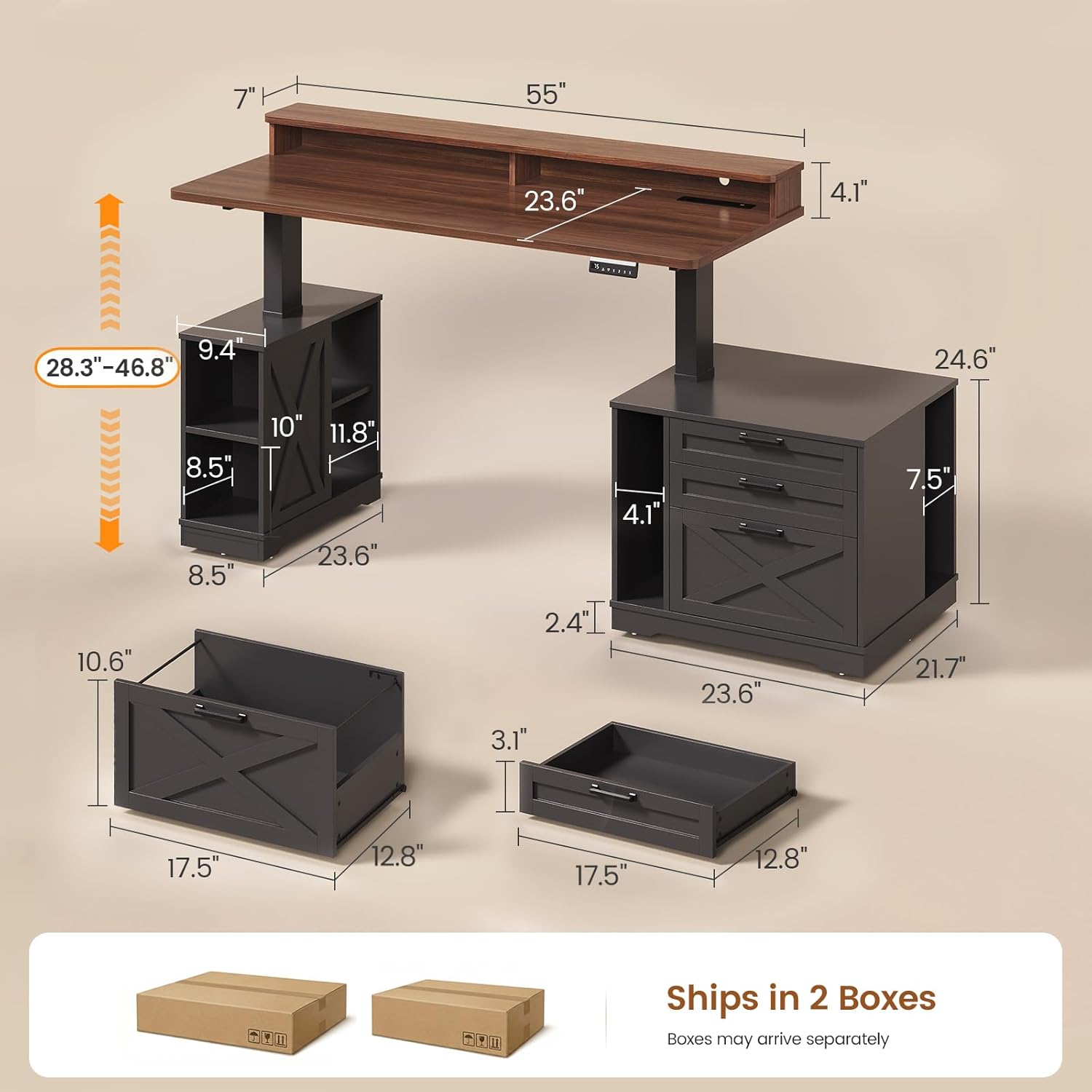 SEDETA Farmhouse Electric Standing Desk, 55" Height Adjustable Computer Desk with 3 Drawers, File Cabinet, Storage Shelves, Power Outlets, Wood Home Office Desk for Work, Study, Writing, Black