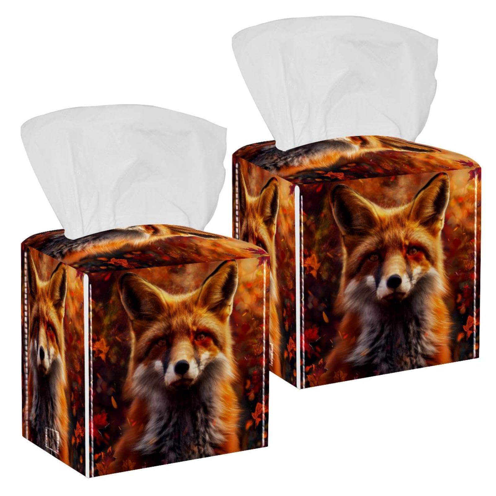 Autumn Leaves Fox Tissue Box Cover, 2 Pack PU Leather Square Facial Tissue Dispenser Box holder for Home Office Car