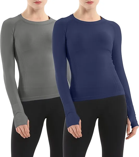 MathCat Seamless Workout Shirts for Women Long Sleeve Yoga Running Shirt Breathable Athletic Tops Slim Fit 2 Pack (Gry#NVY,M)