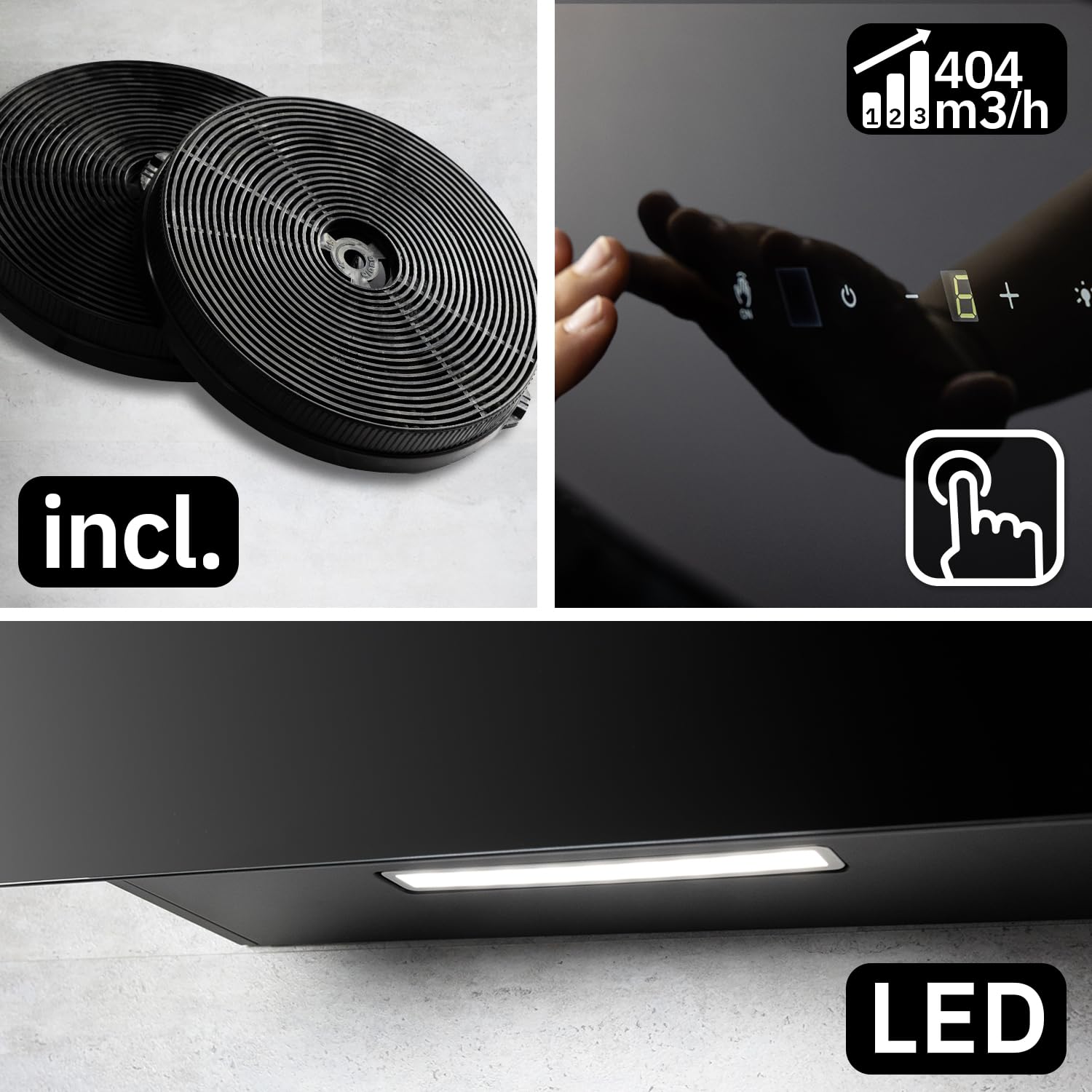 KKT KOLBE Okap kuchenny 60 cm obieg powietrza wylotowego bez głowy okap ścienny czarny szkło oświetlenie LED stal szlachetna SensorTouch BASE6004S