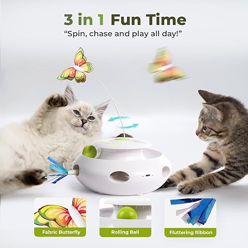 Miniatura 2 de ALL FOR PAWS Juguete interactivo 3 en 1 de mariposa para gatos con bolas rodantes, juguete de plumas emergentes, juguetes giratorios automáticos