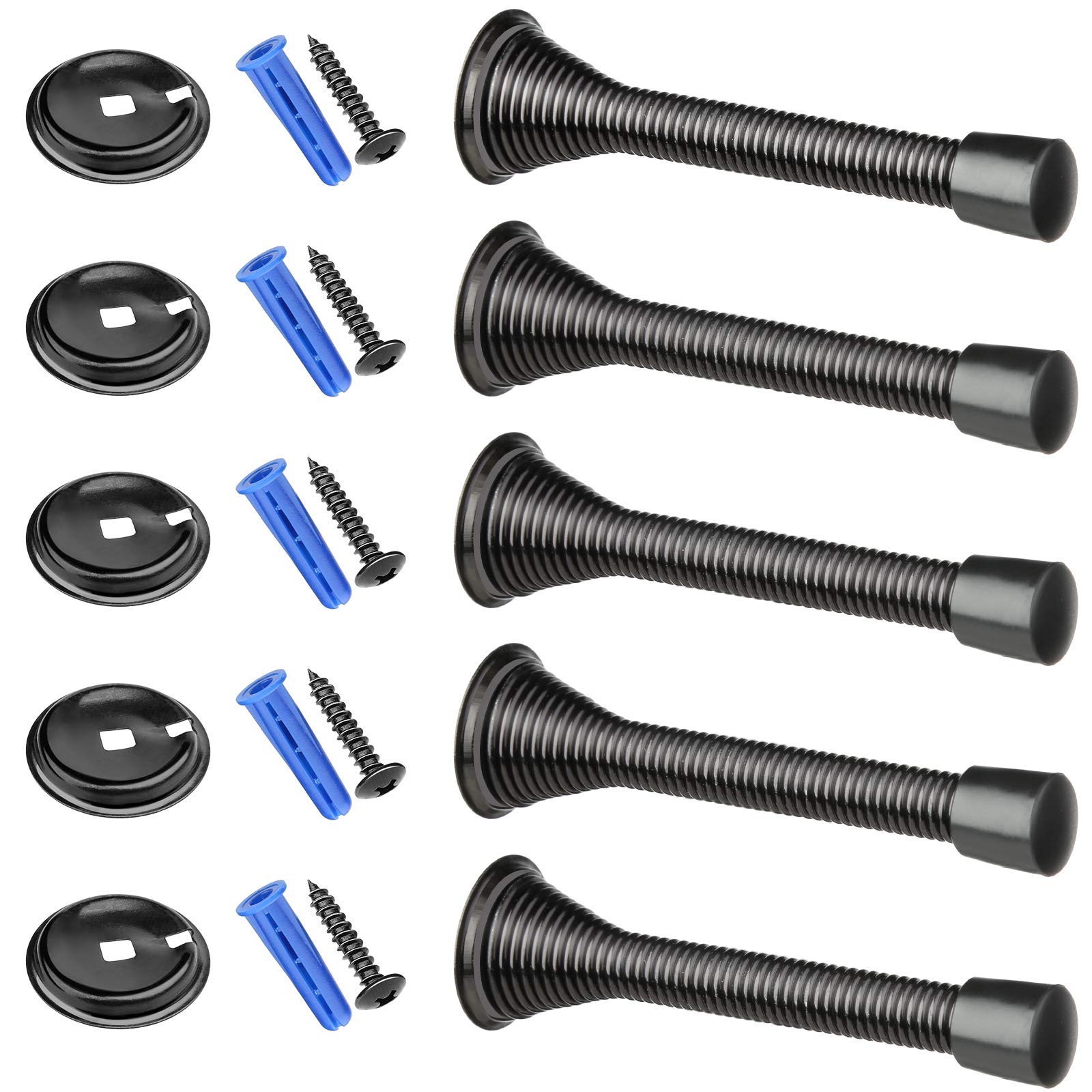 Spring Door Stop 5 Pack Stainless Steel Door Stoppers Door Stop Wall Mounted Doorstops with Screws, Expansion Tube, Base Plate (Black)