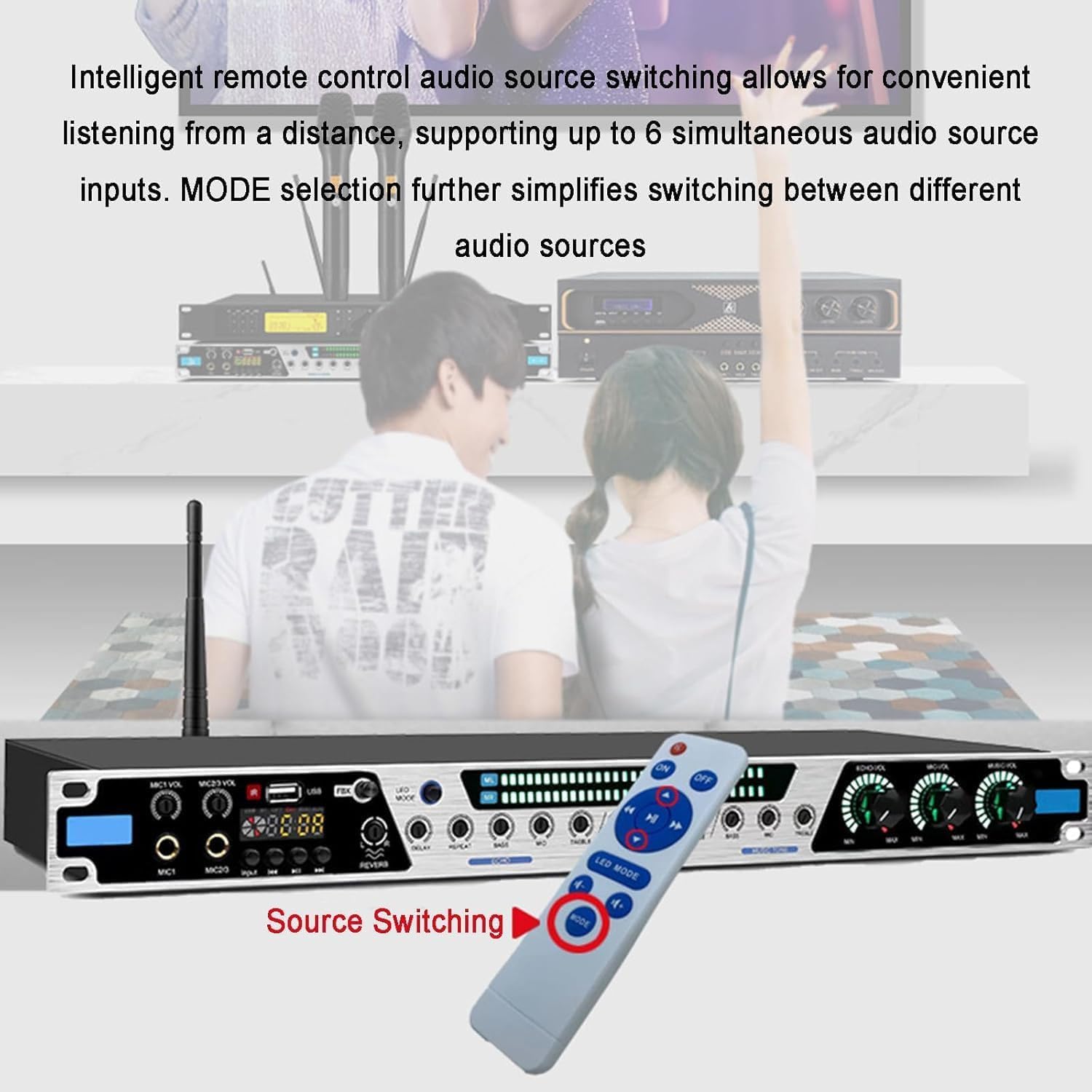 Efector mezclador de karaoke con Bluetooth, USB, fibra, entradas coaxiales, 7 ritmos de luz, procesador antiaullidos para un rendimiento de audio mejorado
