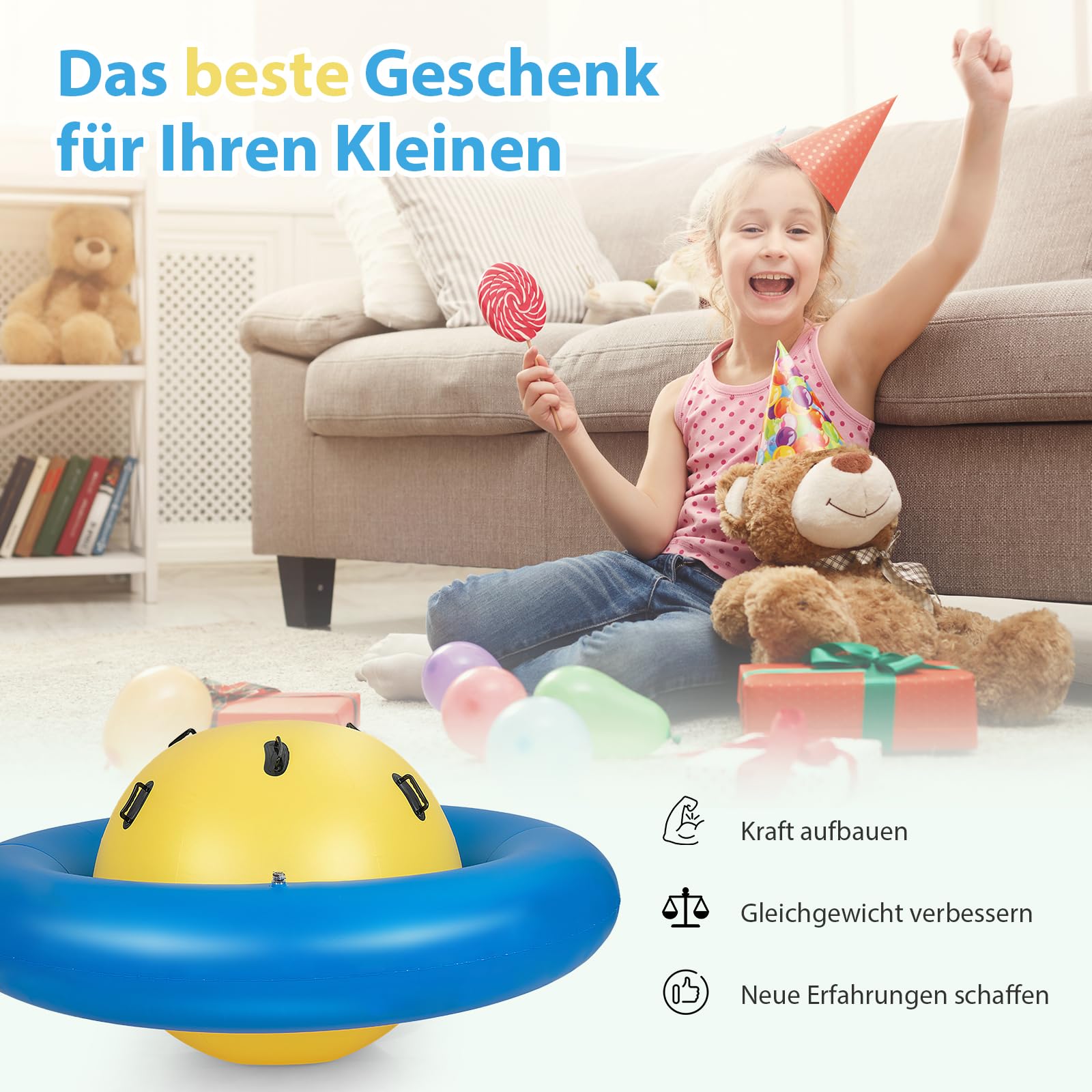 SOARS Aufblasbare Kletterkugel, Hüpfball für Kinder Mit 6 Griffen, Kletterkuppel, 113kg Belastbar, ab 5 Jahren (Gelb + Blau)