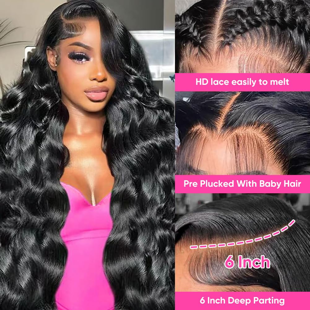 13x6 Lace Front Wigs Human Hair 220 Density Body Wave Wig Human Hair 10A HD Lace Front Wigs Pre Plucked Glueless Wig for Women Natural Black Color 24 Inch
