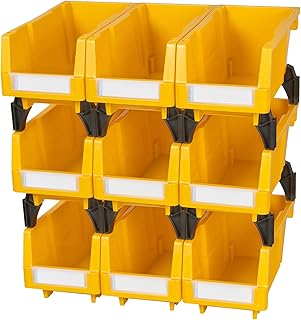 AERCANA Plastic Storage Bins Shop Stackable Organizer Bins Parts Bin Shelf Storage Bin Garage storage bins(Yellow,Pack of 9)