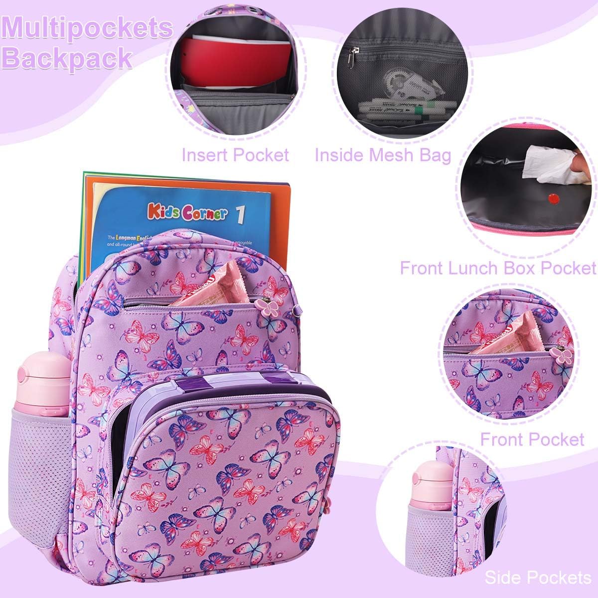RHCPFOVR Kids Backpack for Girls - Girls Backpack 3-8 Ages Butterfly for Kids 15 Inch School Bookbag for Kindergarten Elementary School Bookbag for Girl 1st 2nd Grade - Image 3