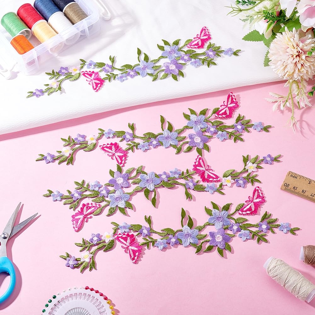 4 toppe ricamate decorative con fiori e farfalle, da cucire su glicine, con farfalla rosa intenso, termoadesive per borse, pantaloni, decorazioni fai da te, 8 x 27 cm