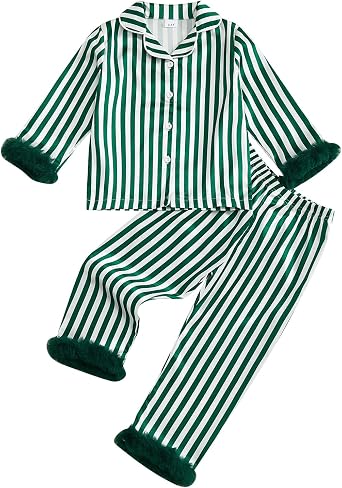 Kids Christmas Pajamas Heart Print Green Tops with Pants Satin Sleepwear | Christmas Pajamas for Kids Little Girls Cute Heart Print Button Down Tops Pants Toddler Satin Sleepwear Christmas Pajama Set