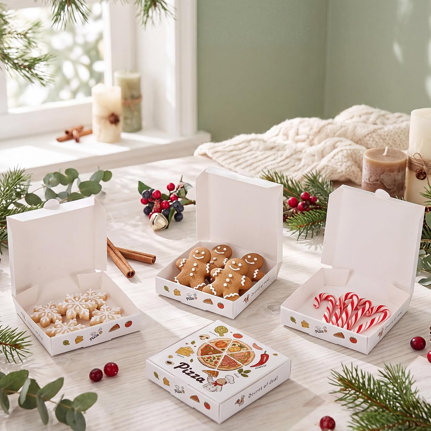 50 Pcs Mini Pizza Box 3.5 x 3.5 x 0.8 Inch Kraft Small Pizza Boxes Cookie Mini Pies Party Favors for Guests Celebrations Party Favors Weddings (White)
