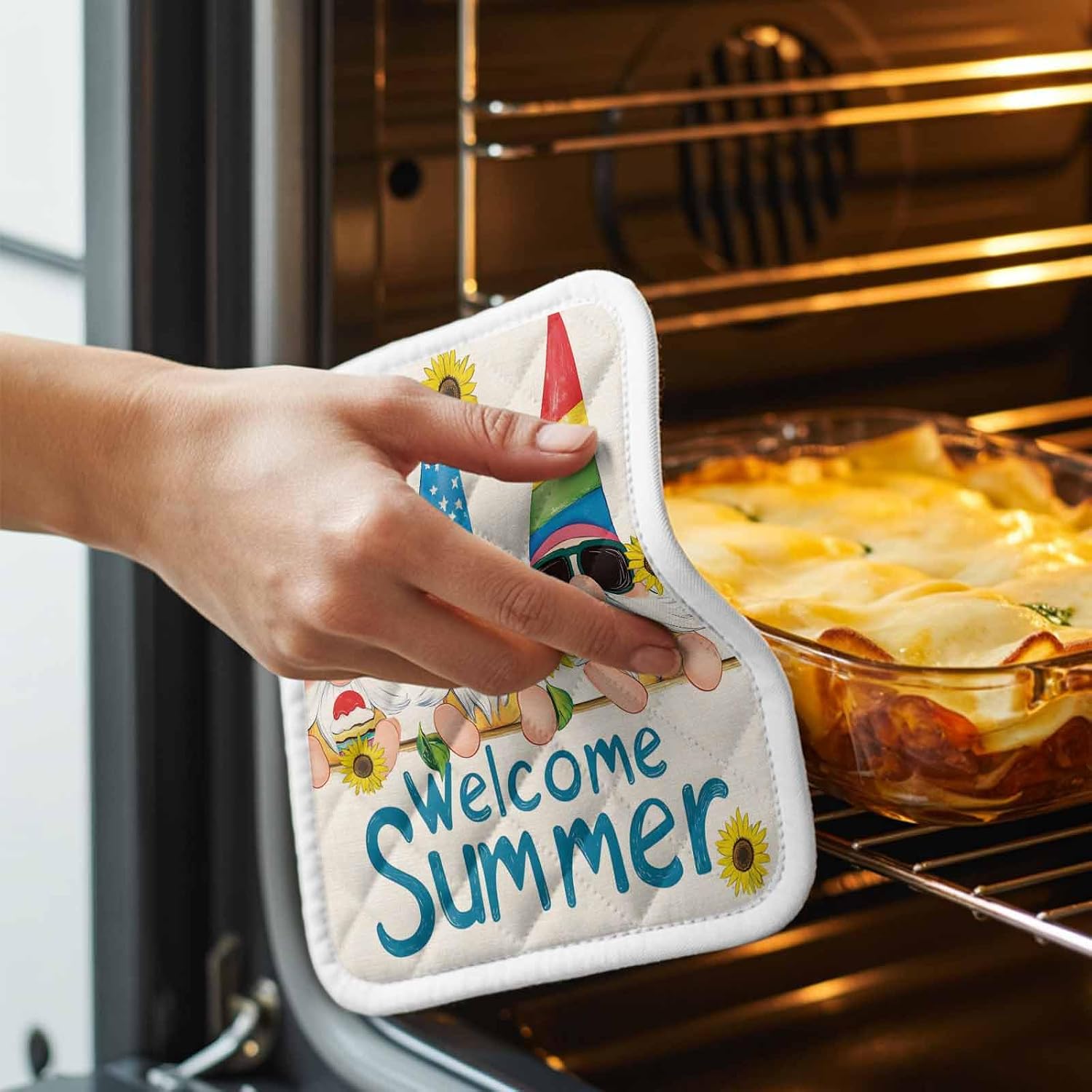 5 Pack Pot Holders for Kitchen, Sunflower Gnomes Hot Pads for Kitchen Countertops Oven Pot Holder Bulk, Farmhouse Yellow Red Blue Rustic Heat Insulation Potholders with Hanging Loops