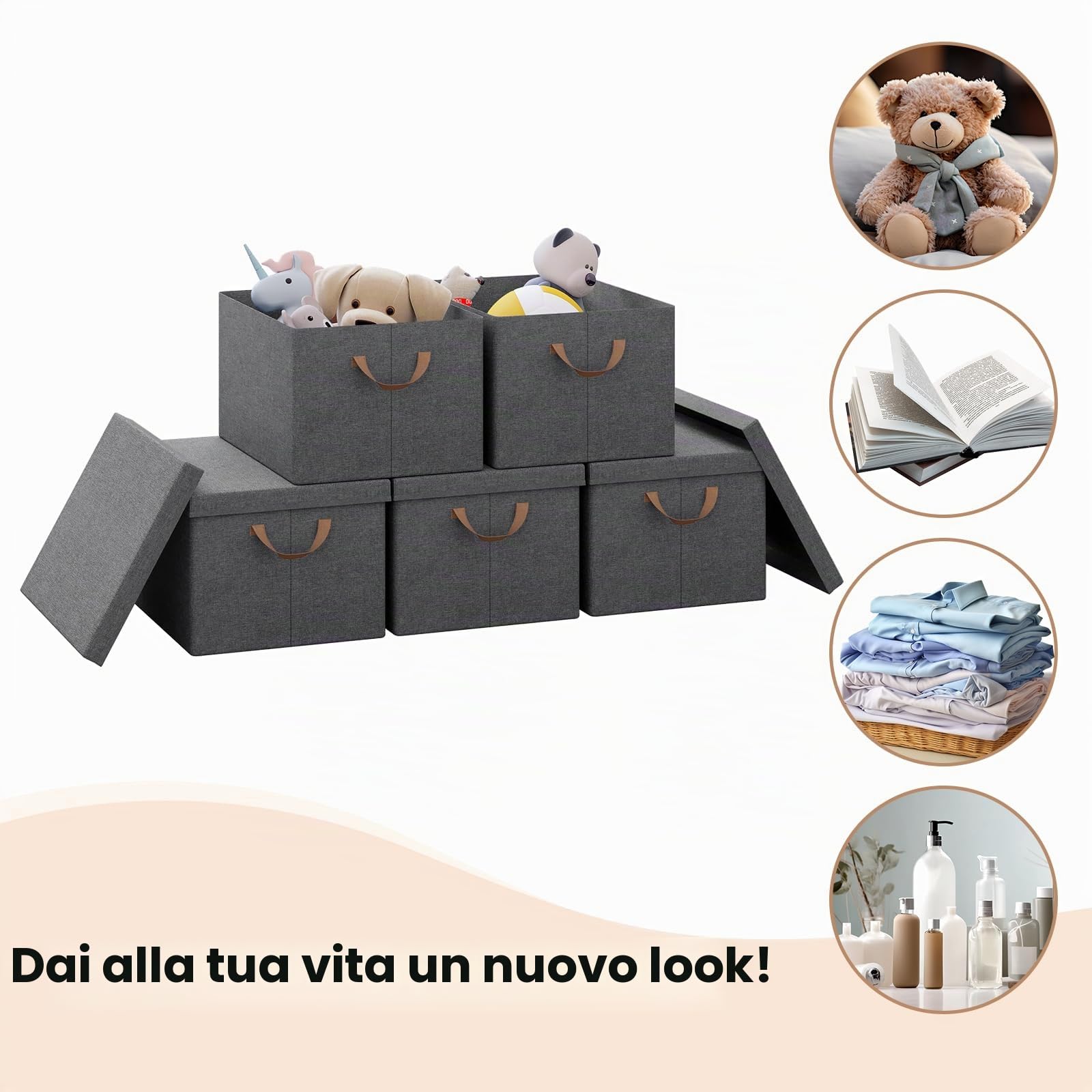 WOLTU Scatole portaoggetti in Tessuto 6 Pezzi, Contenitori pieghevoli con Coperchio e Maniglie, per Vestiti da Armadio, Grigio, 43x33x26cm