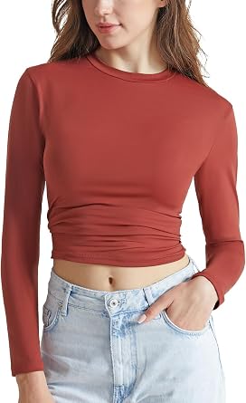 Memoryee Women's Long Sleeve Crew Neck T-Shirts Slim Fit Curved Layered Crop Tops Soft Basic Blouse Tee Cloud Pro Collection