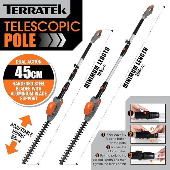 Terratek Corded Extendable Pole Hedge Trimmer 550W 2.5M Telescopic Hedge Trimmer Long Reach Hedge Cutter with 4 Position's, 10m Cable and Shoulder Strap Included
