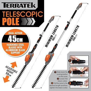Terratek Corded Extendable Pole Hedge Trimmer 550W 2.5M Telescopic Hedge Trimmer Long Reach Hedge Cutter with 4 Position's, 10m Cable and Shoulder Strap Included