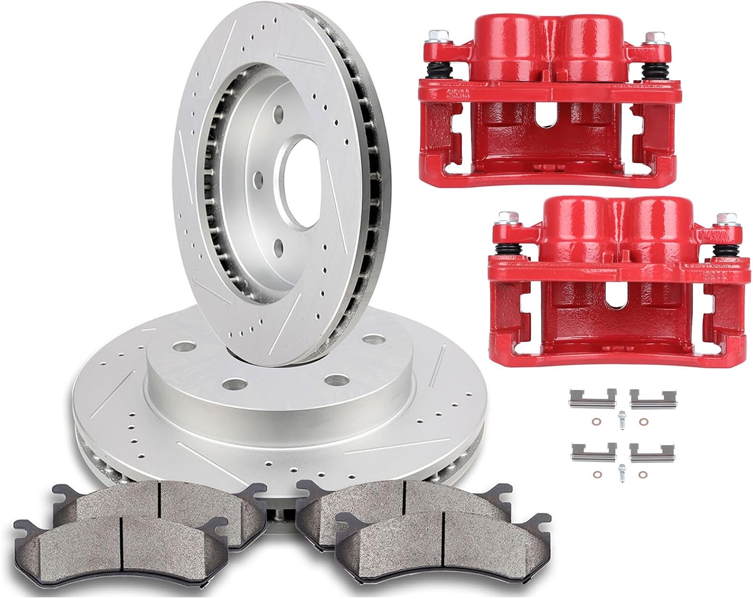 SCITOO Front Brake Calipers With Bracket & Brake Pads and Rotors 18-B4728 18-B4729 55054 D785 Red Compatible For Cadillac 2002-2006 For Chevrolet 1999-2006 For GMC 1999-2006