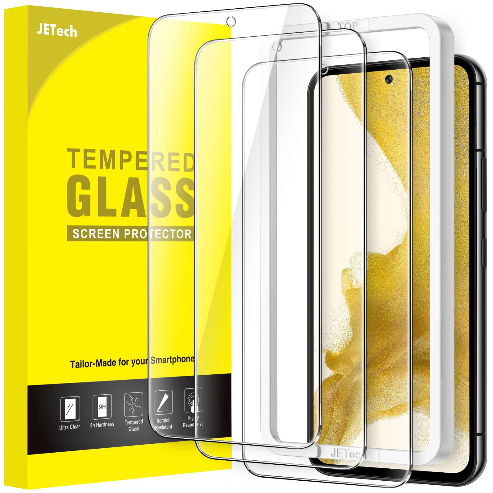 JETech Screen Protector for Samsung Galaxy S22 5G 6.1-Inch, Tempered Glass Film with Easy Installation Tool, Fingerprint ID Compatible, HD Clear, 3-Pack